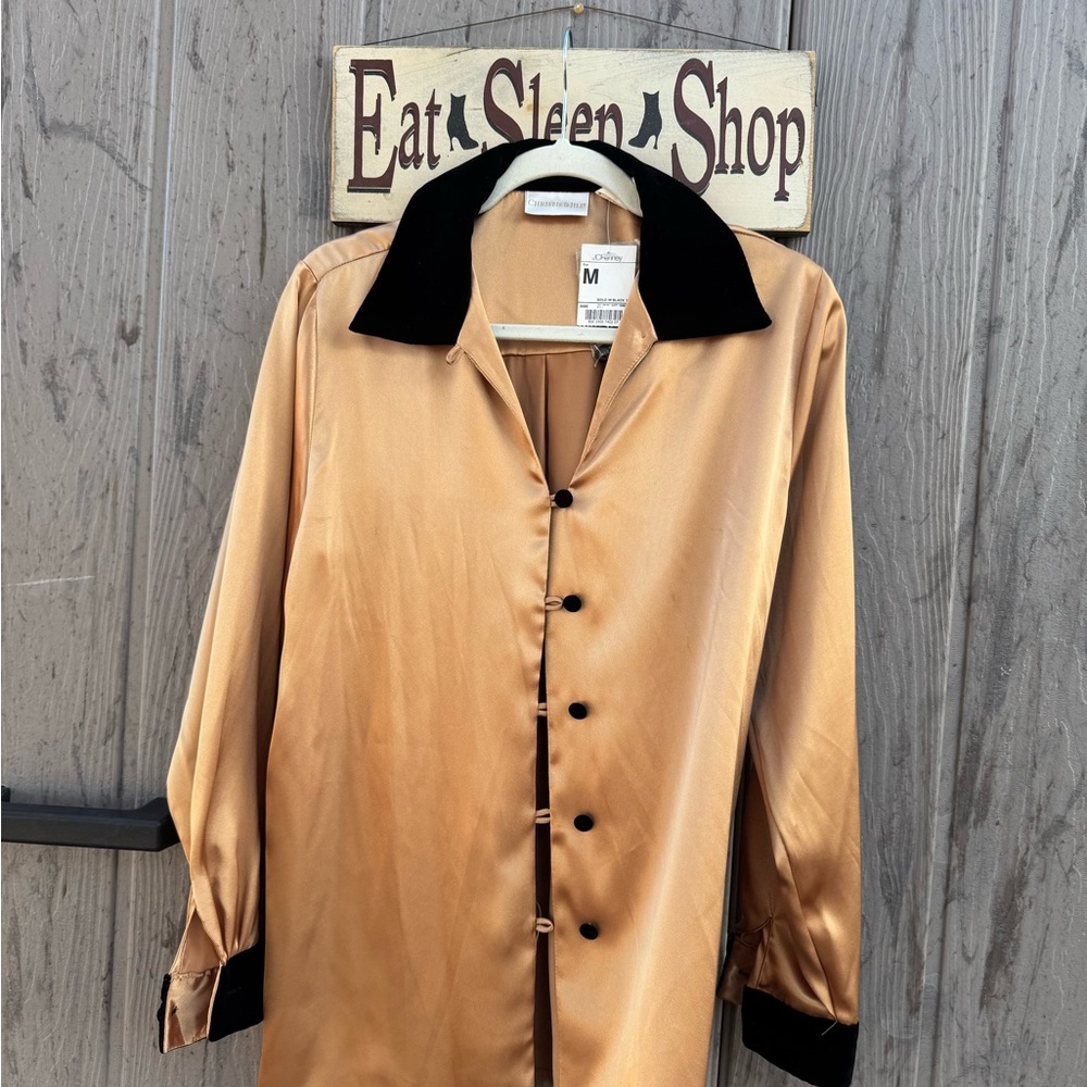 Vintage Gold Satin Button-Up Shirt with Black Velvet Collar
